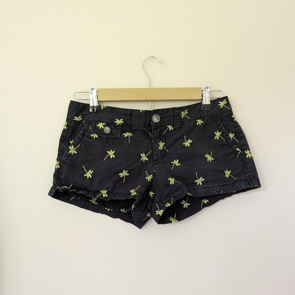 Y2K Aeropostale Black Embroidered Palm Tree Micro Mini Low Rise Shorts 3/4